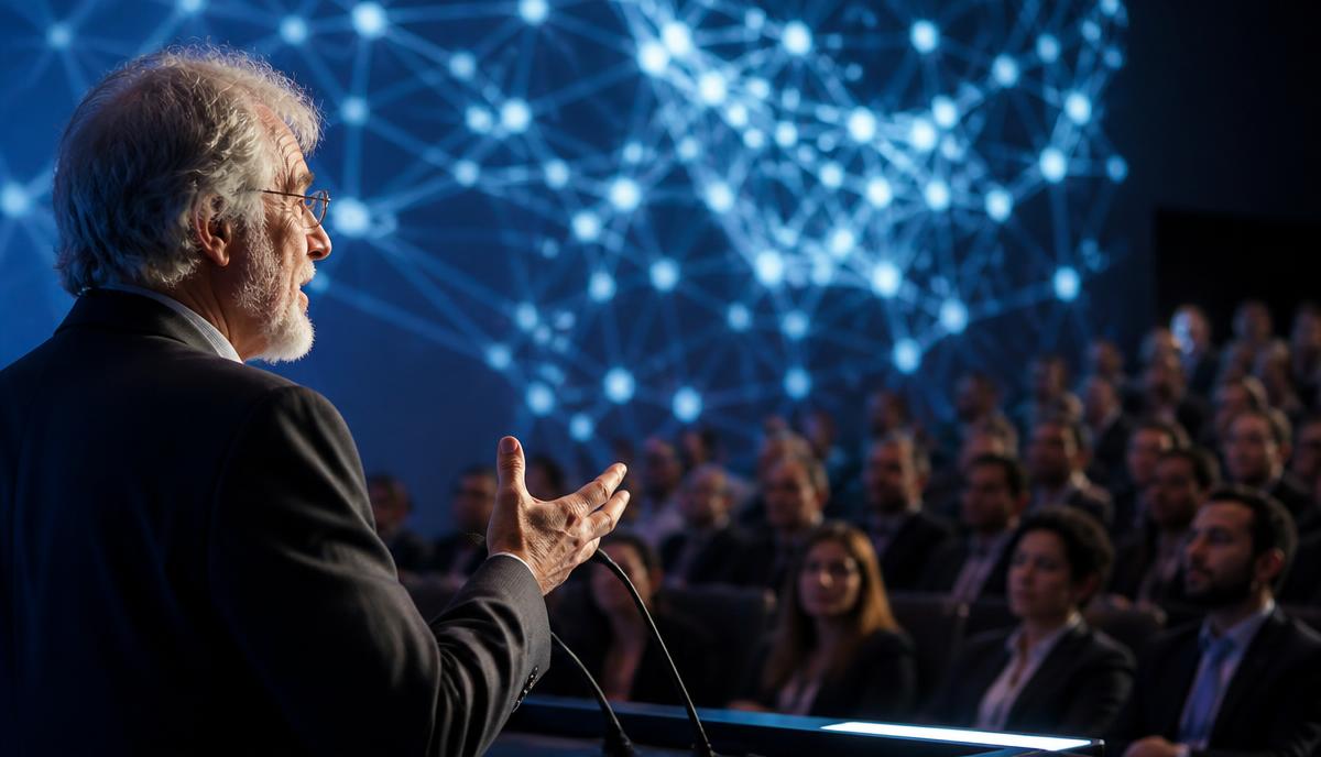 An AI scientist addressing an audience about the pace of development
