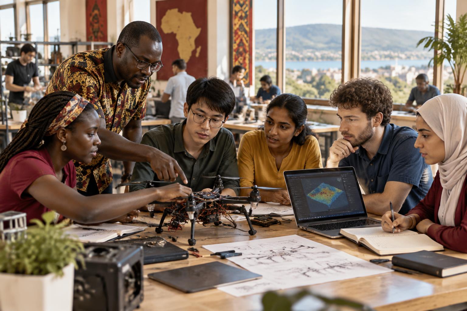 An international student team and instructor collaborating on an interdisciplinary drone project