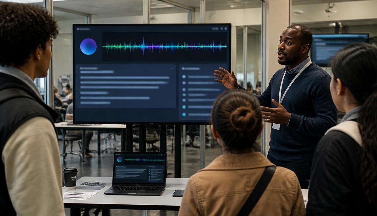 A facilitator demonstrating a voice-enabled learning assistant to applicants