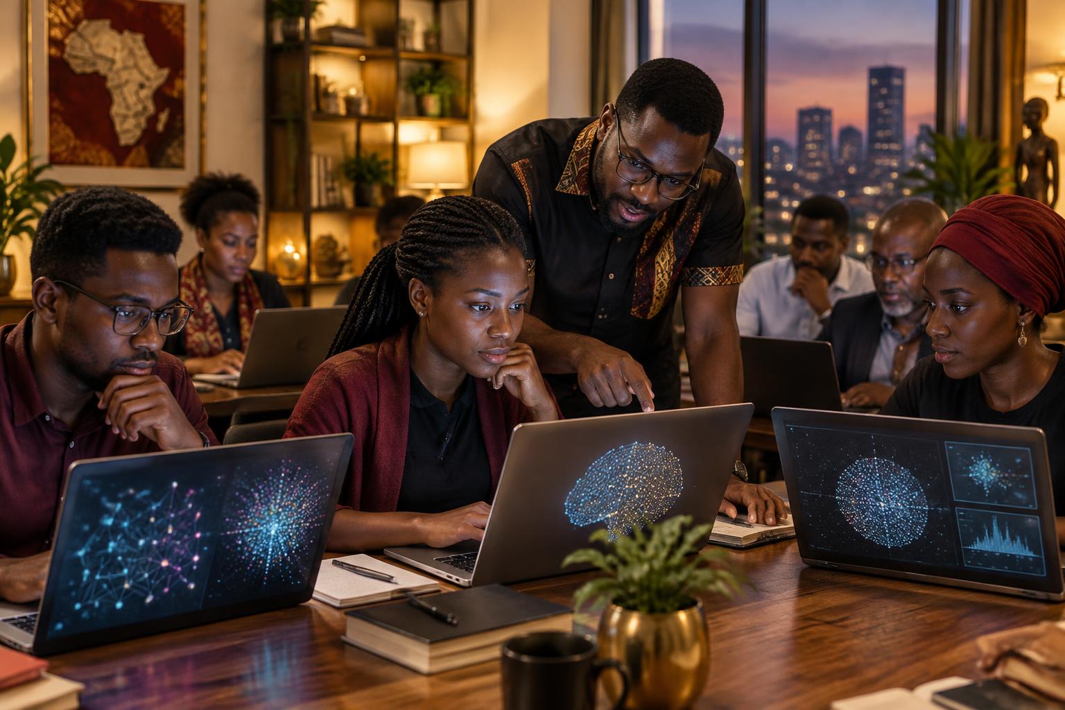 Working professionals learning artificial intelligence together in an evening studio