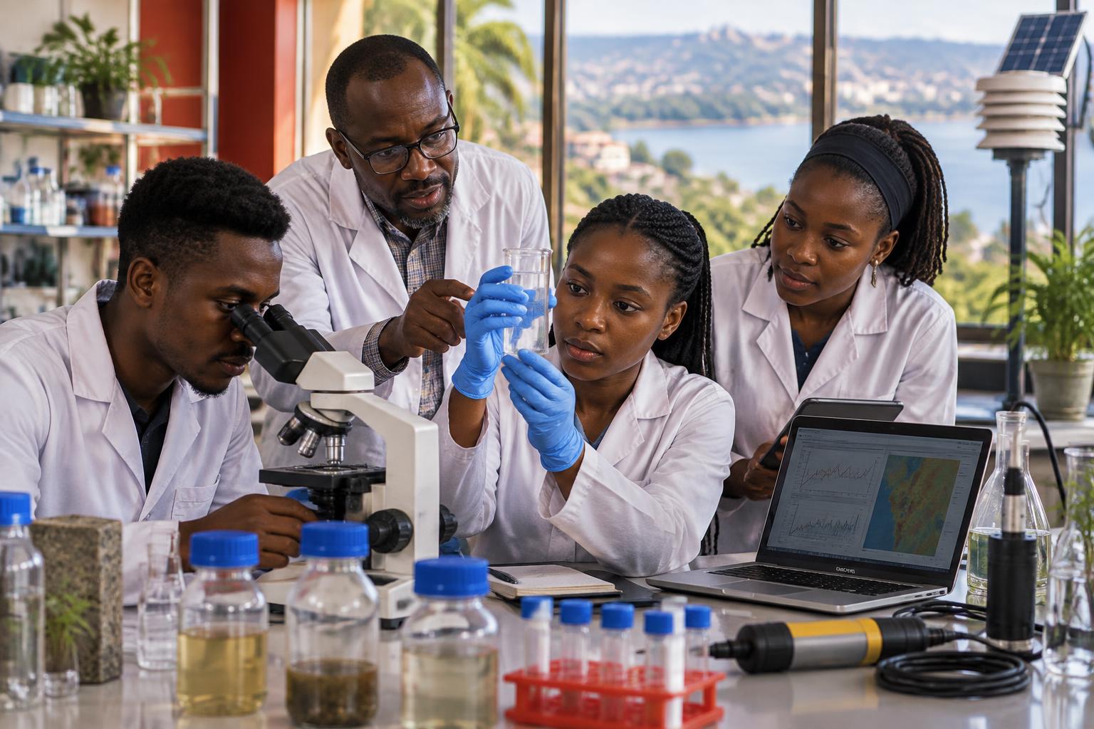 Student researchers and a faculty mentor examining environmental samples