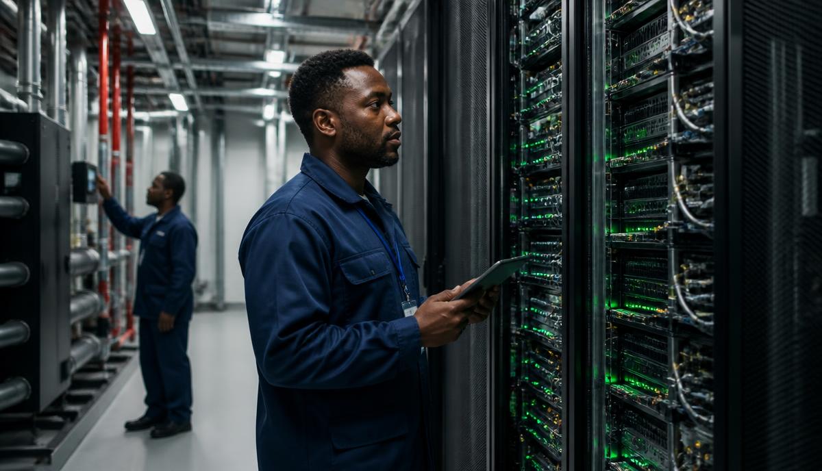 An engineer inspecting computing infrastructure in an AI data centre