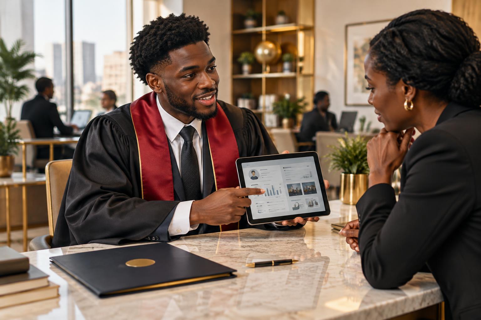 A graduate showing a digital capability record to an employer