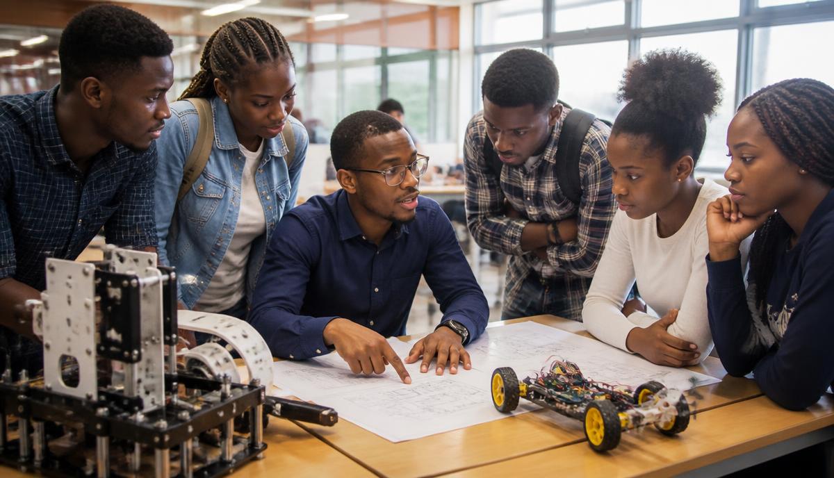 Prospective students examining plans and prototypes during a programme clinic