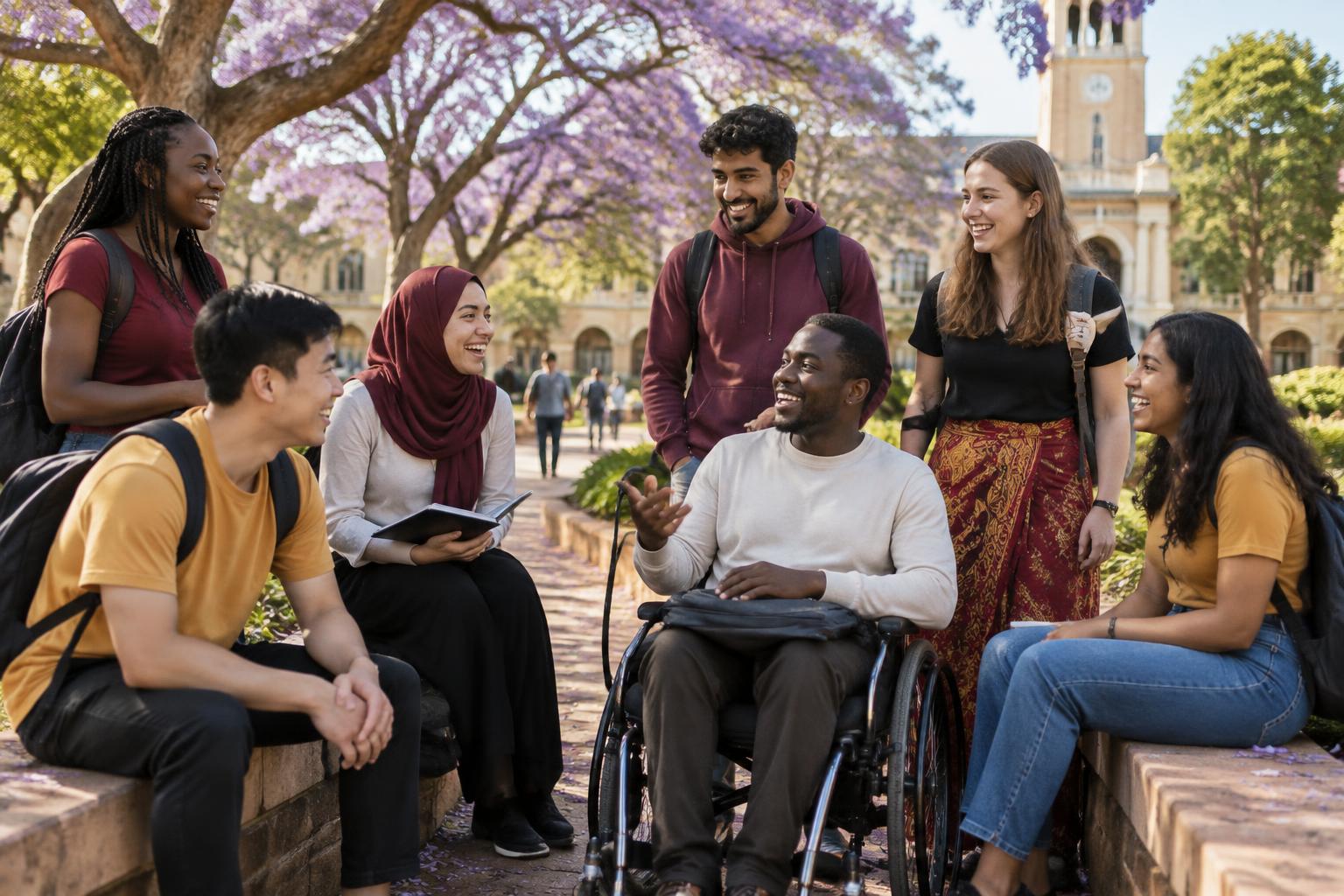 International students, including a wheelchair user, talking together beneath jacaranda trees
