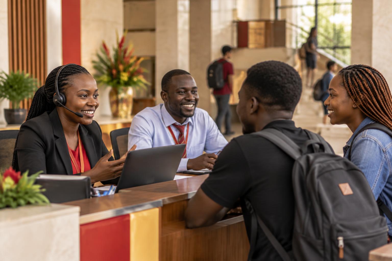 Students speaking with the university support team at an open help desk