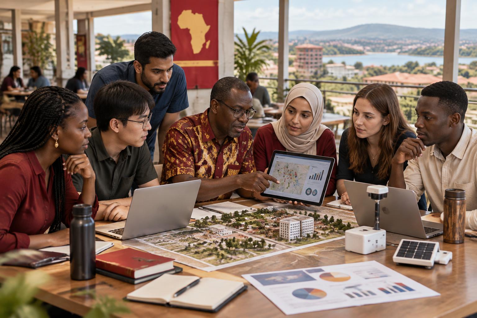 An international student team, instructor and community partner discussing a civic technology prototype