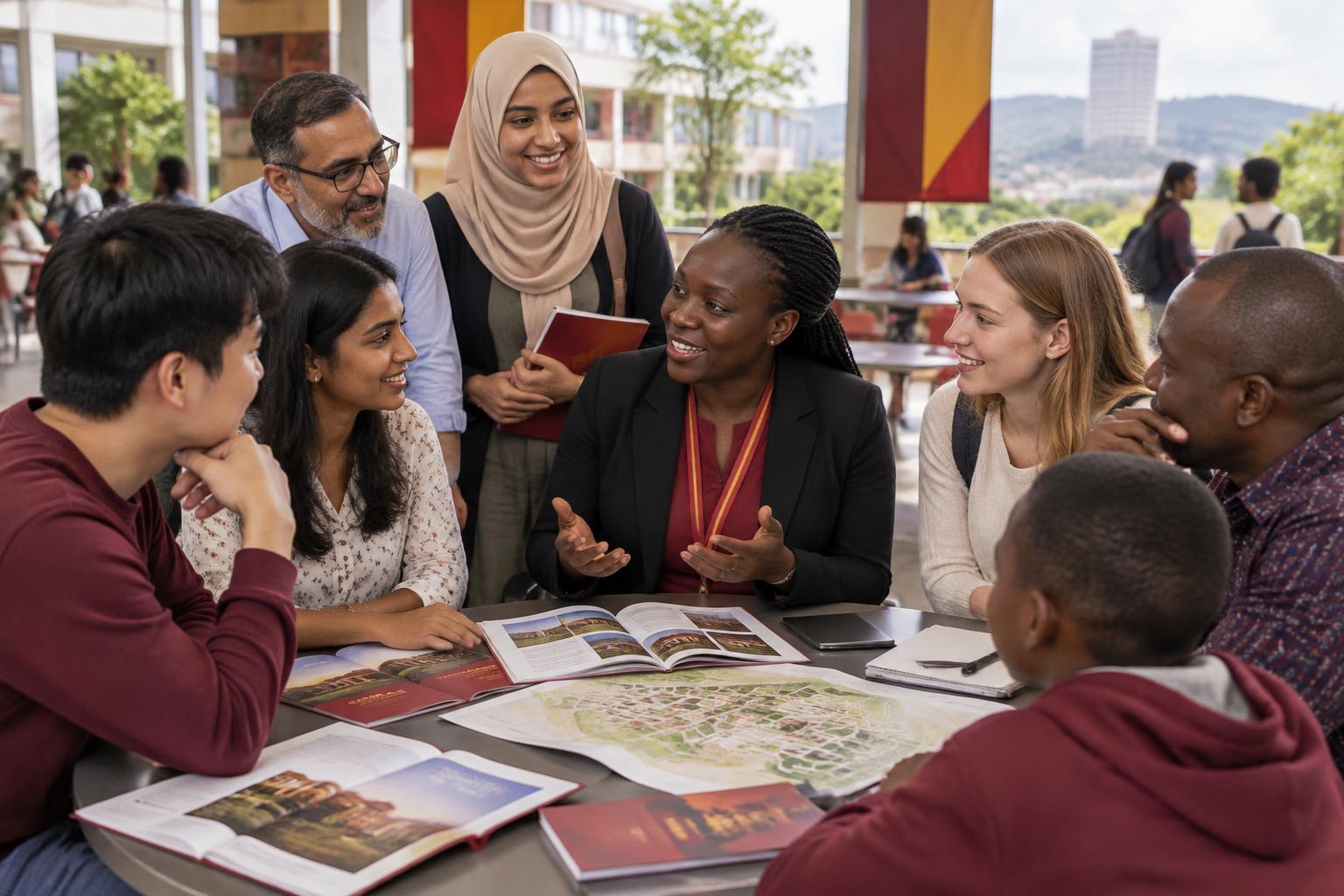 An international group of prospective students and family members speaking with an admissions adviser