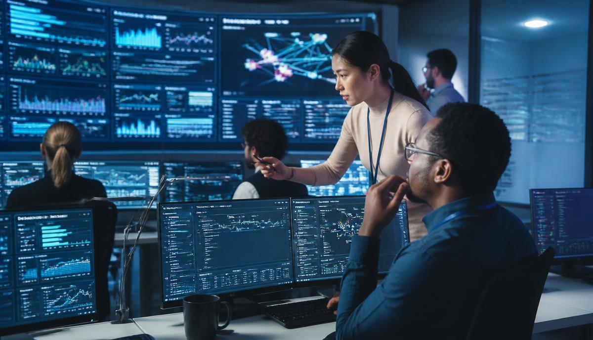 Engineers supervising AI-assisted production systems in a control room