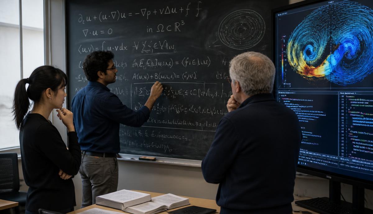 Mathematicians reviewing fluid-dynamics equations and a computer simulation