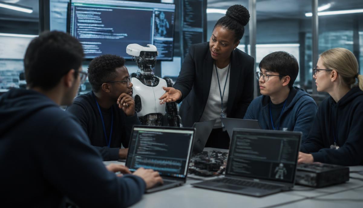 Students and an instructor auditing an AI-enabled robot in a computing lab
