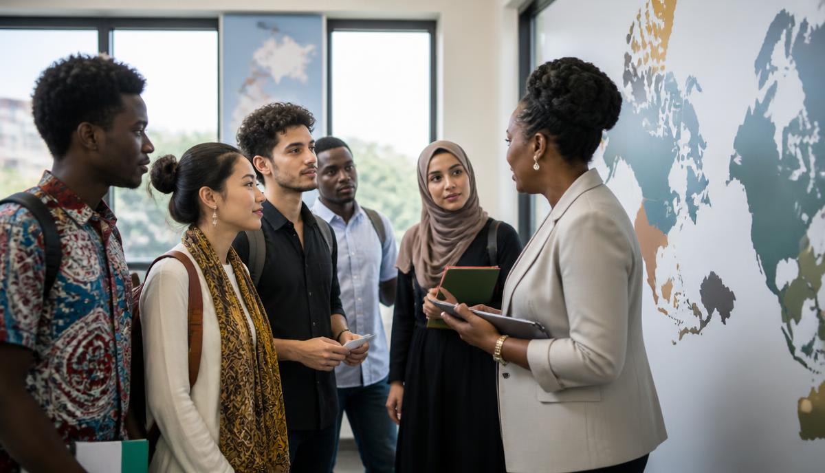 International applicants speaking with an adviser beside a world map