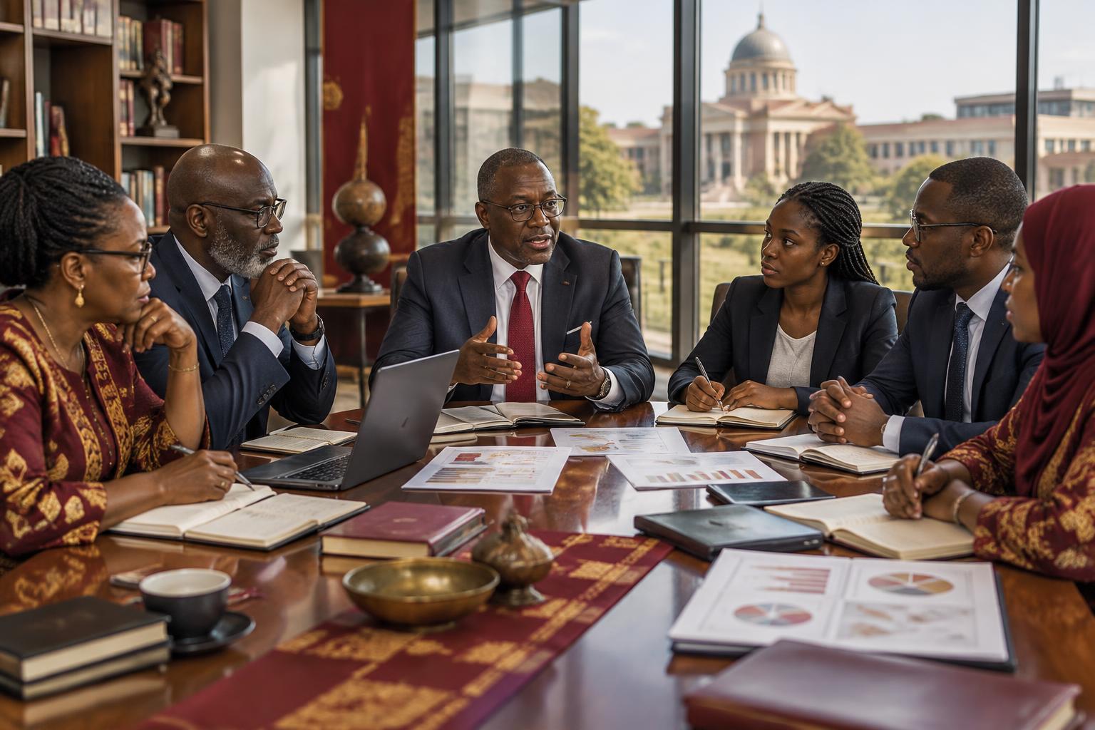 University leaders and a student representative in a council meeting