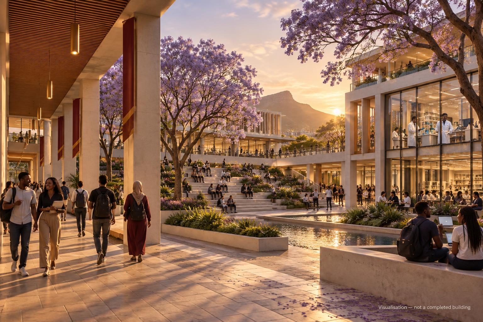 Architectural visualisation of a future climate-responsive campus courtyard with laboratories and students