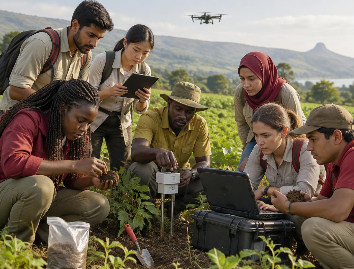 Agronomists using soil sensors in a field while a drone surveys overhead