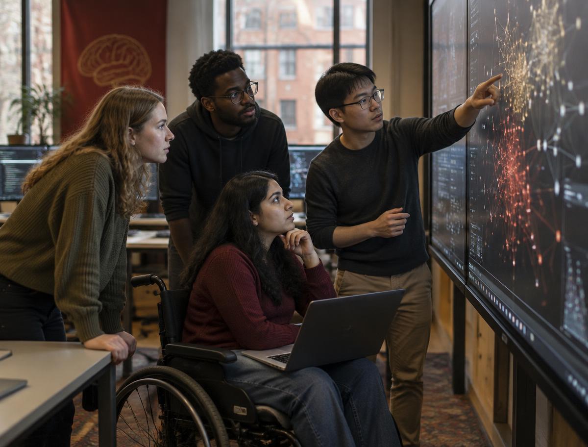 Four international students, including a wheelchair user, examining a neural network graph on a wall display