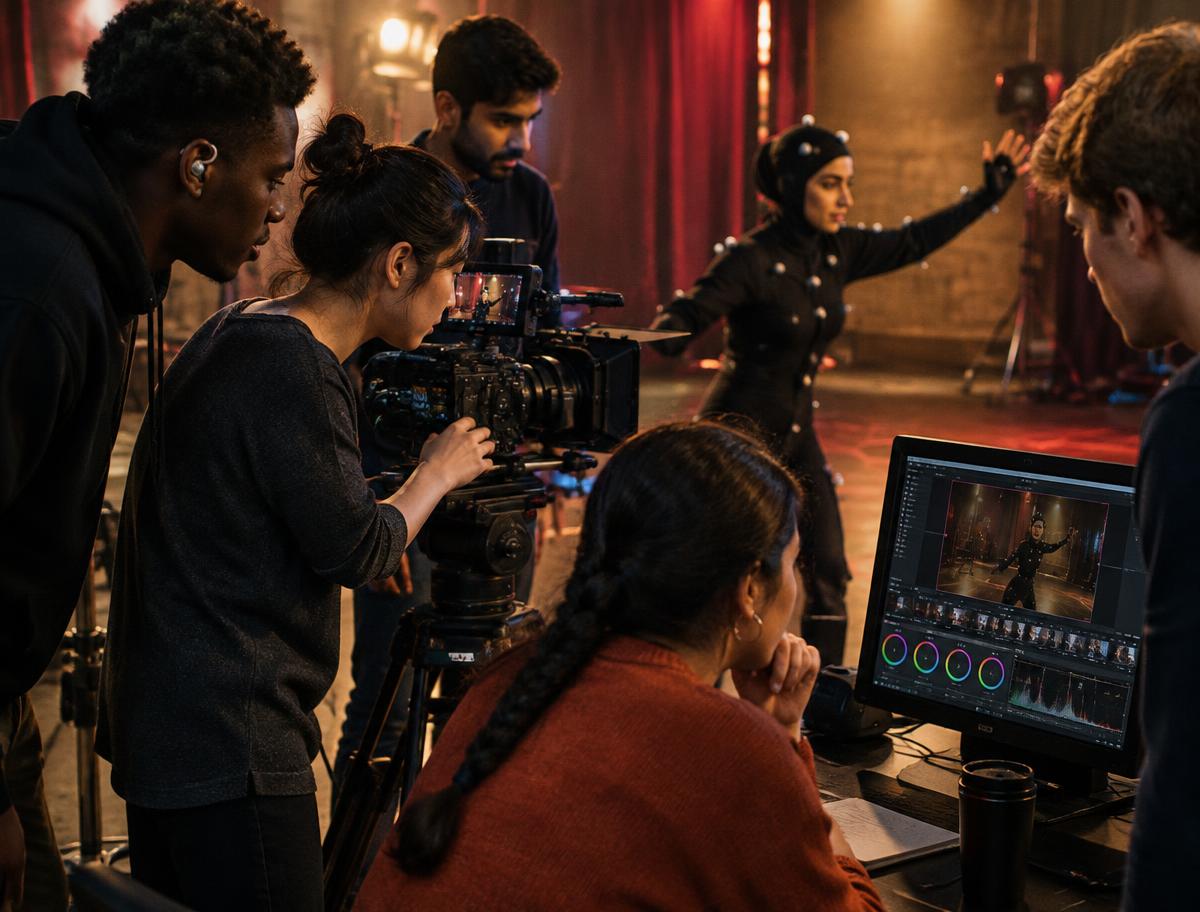A student film crew working with motion capture, a cinema camera and colour grading