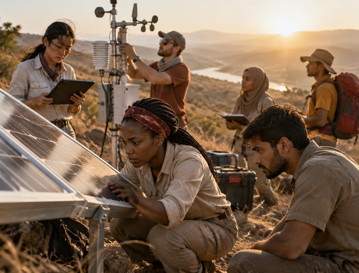 Engineers inspecting solar panels and a weather station on an African hillside