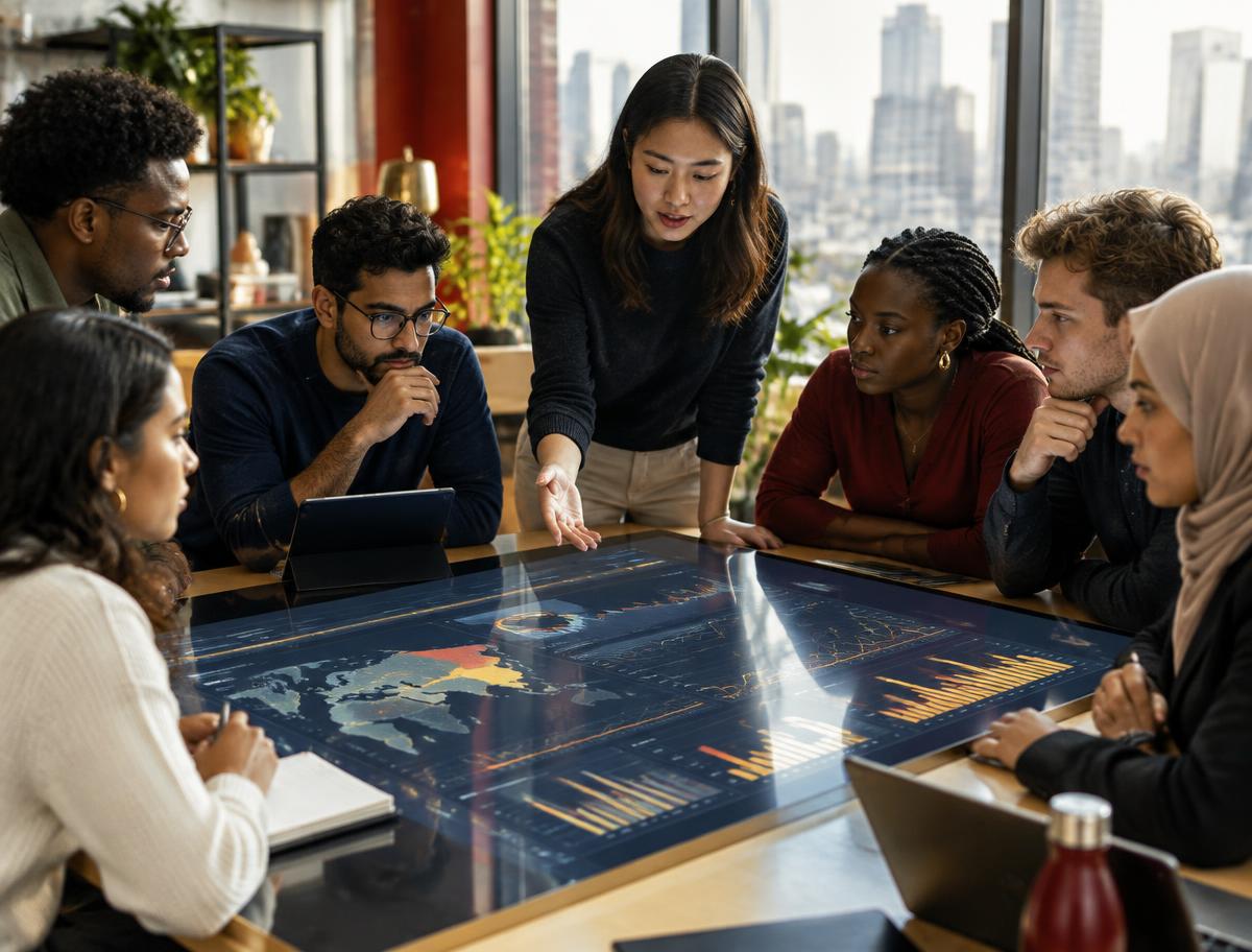 International finance students analysing market data around an interactive table