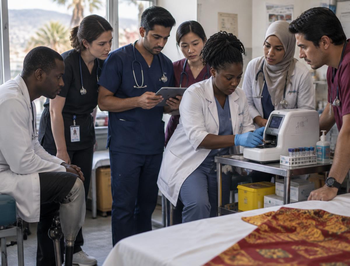 Clinicians, including a prosthetic leg user, working around a point-of-care diagnostic device