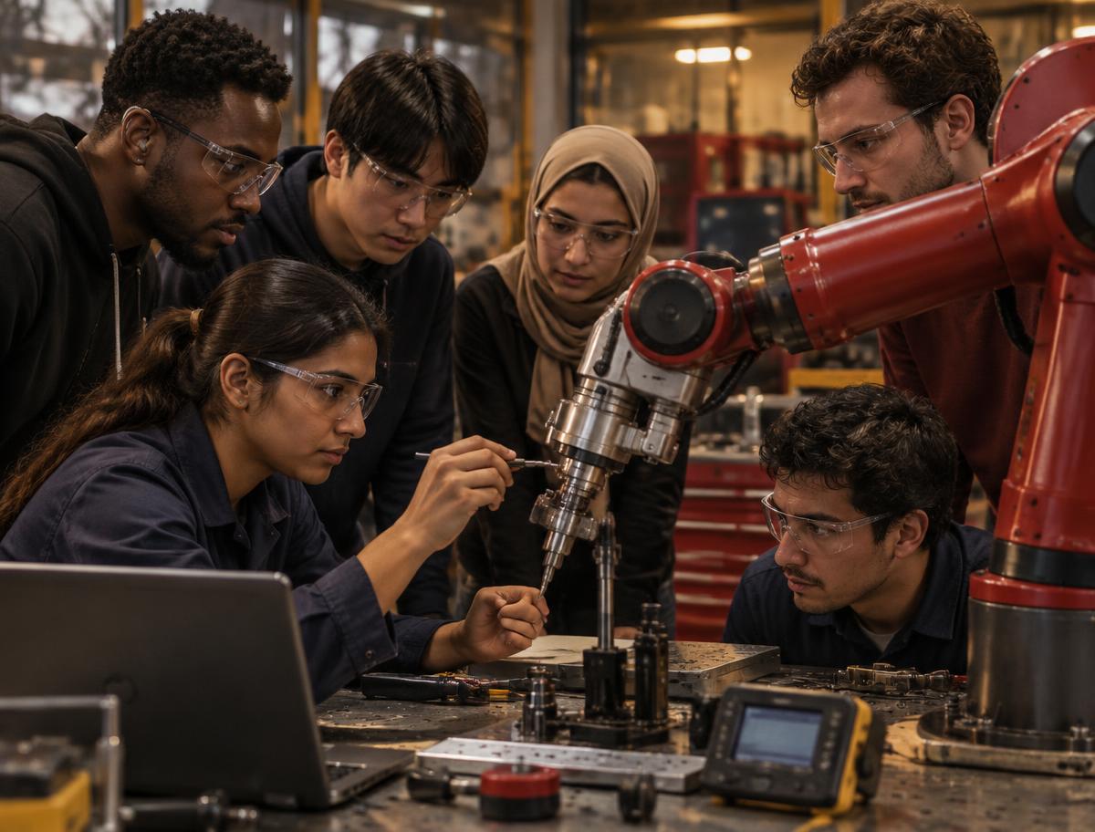 A mixed-race student team calibrating a six-axis robotic arm in a university workshop