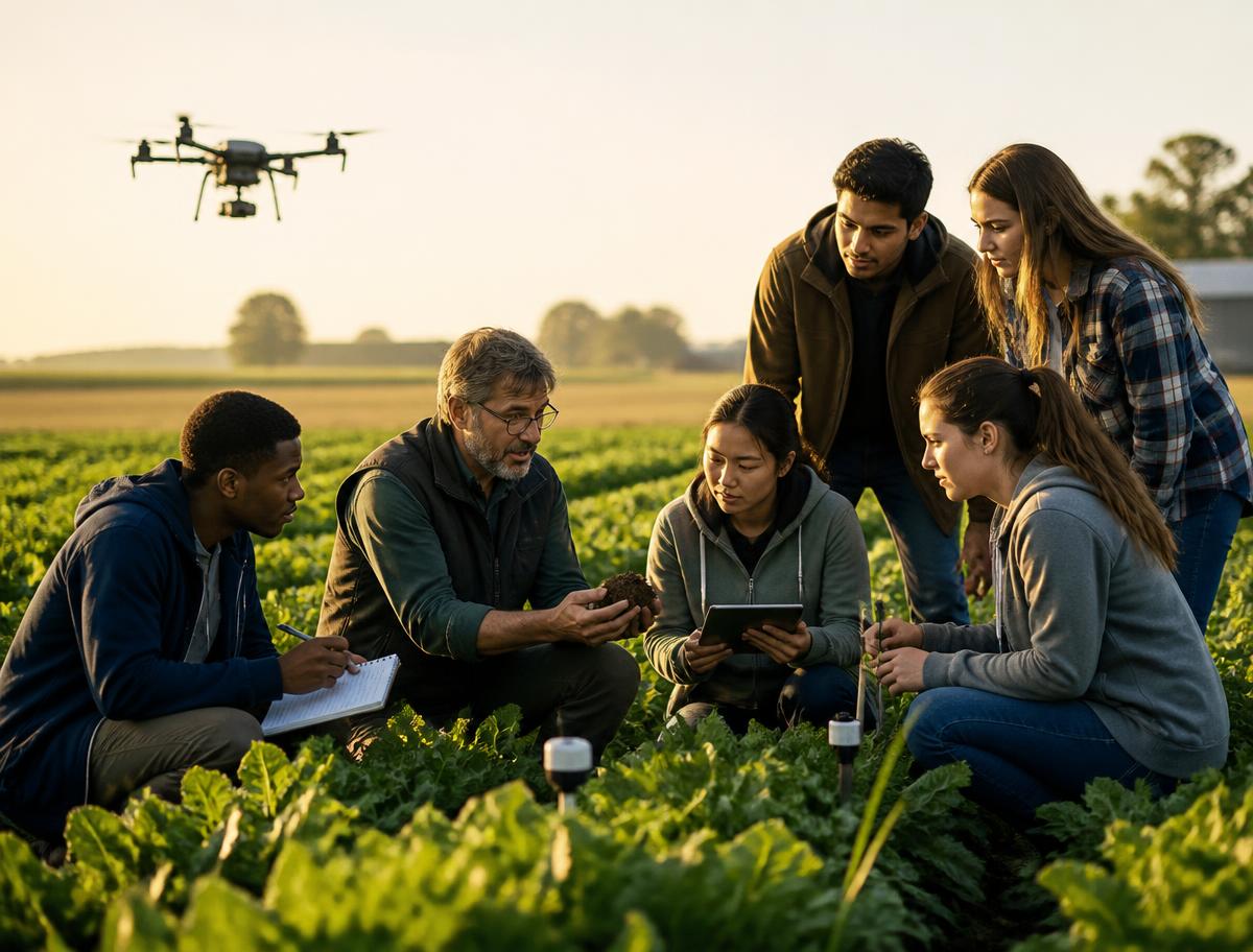 Agriculture students and a lecturer examining crops and soil sensors while a drone surveys the field