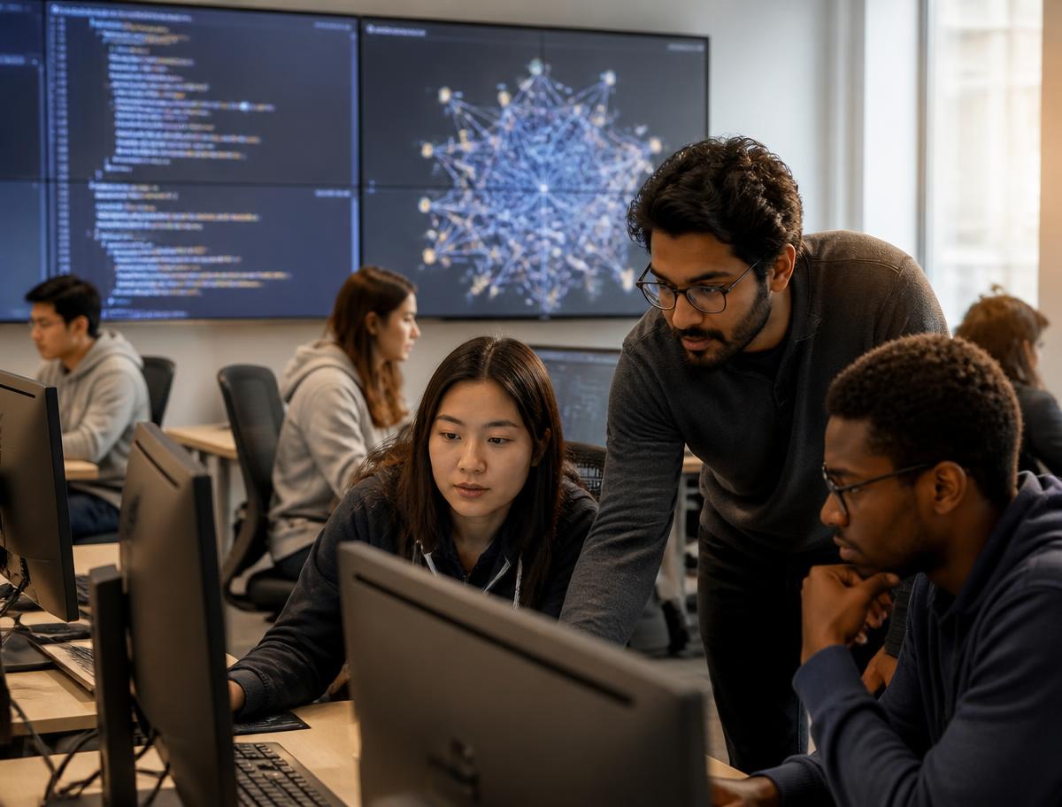 International students and their instructor working with code and neural network models in a computing lab