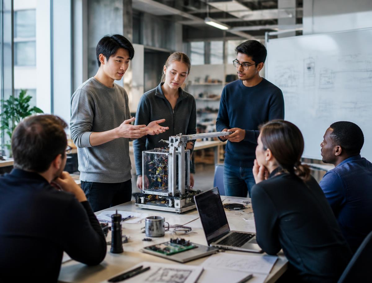 Student founders presenting a hardware prototype to mentors in an incubator workspace