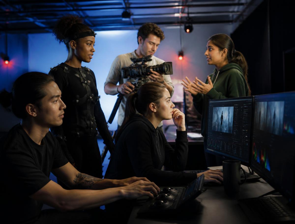 Students working with motion capture, a cinema camera and colour grading in a media studio