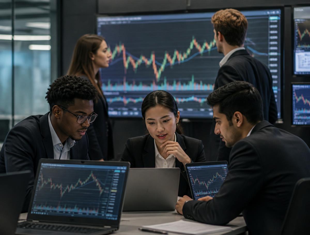 Business and finance students analysing market data in a digital finance studio