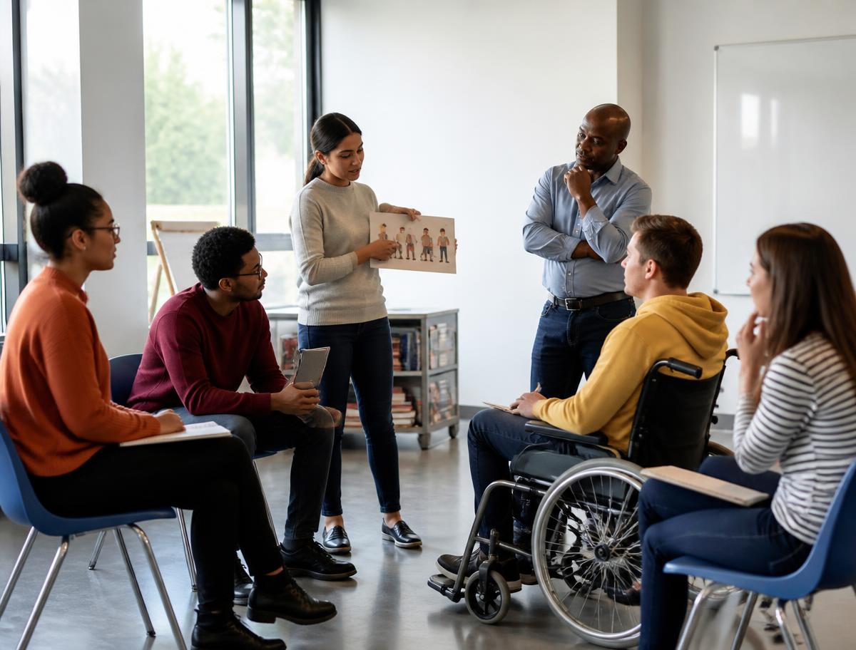 Trainee teachers, including a wheelchair user, rehearsing an inclusive lesson with their mentor