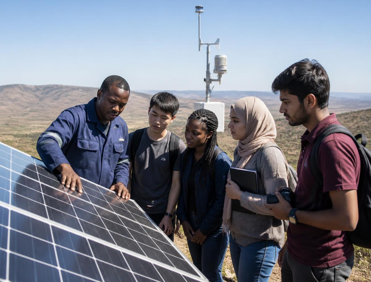 Students and a technician inspecting solar panels and a weather station on an African hillside