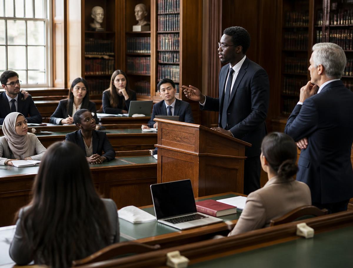 Law students presenting an argument at a lectern during a moot court seminar