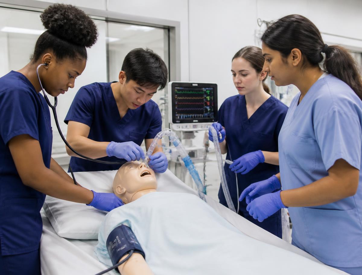 Nursing and biomedical students practising with a clinical simulation manikin in a skills laboratory