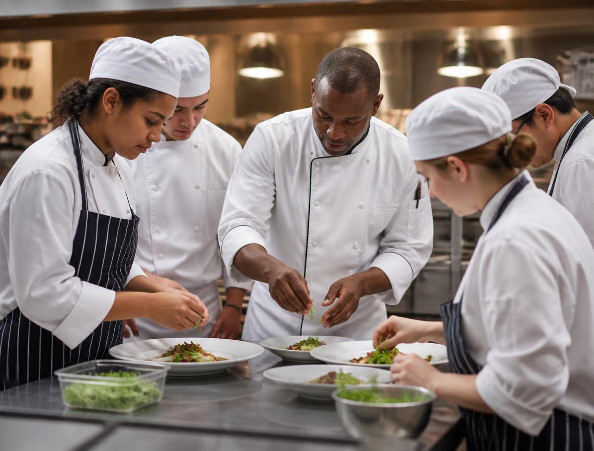 Culinary students plating fine dining dishes with their chef instructor in a teaching kitchen