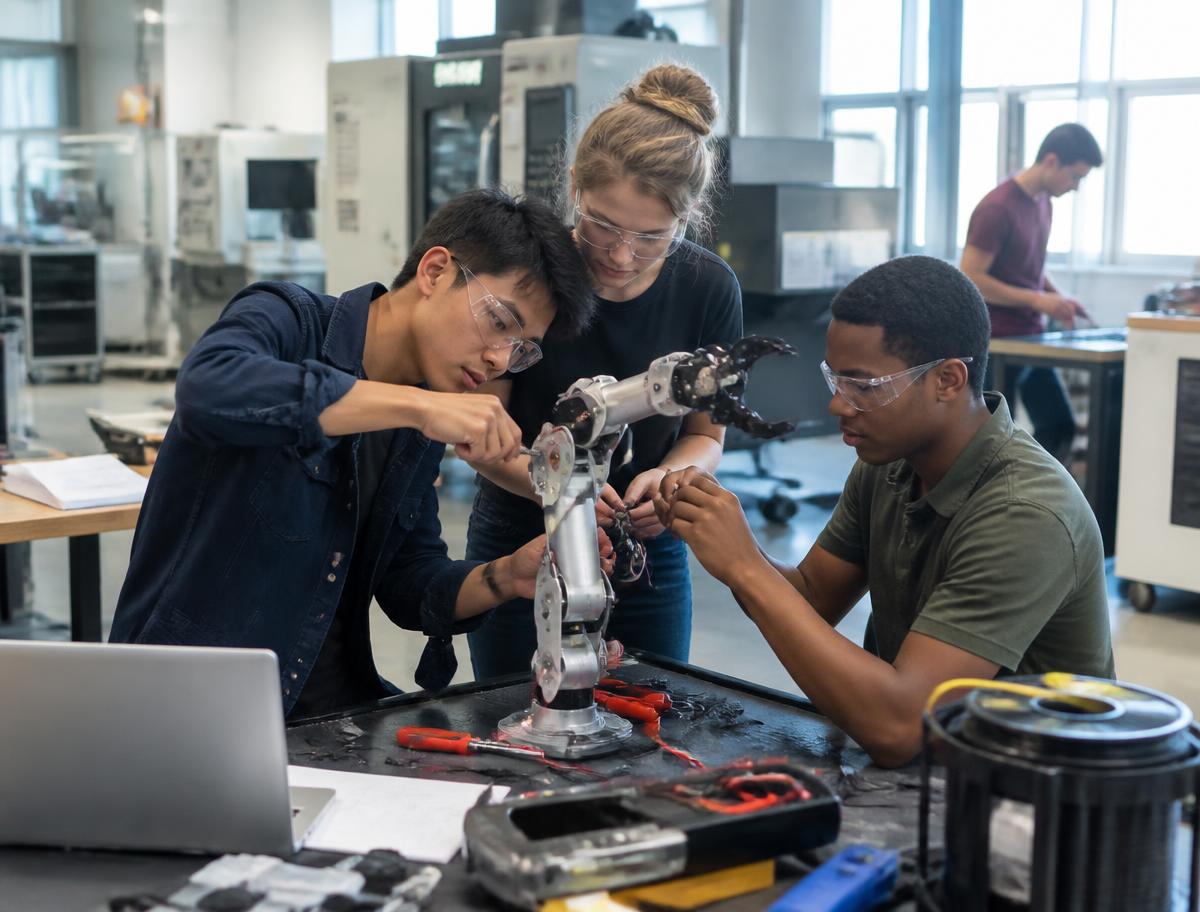International engineering students assembling a robotic arm in an advanced manufacturing workshop